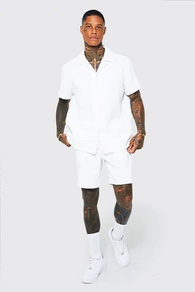 NEWLAKER Unisex Oversize Pleated Fabric Short Sleeve Shirt Shorts Set