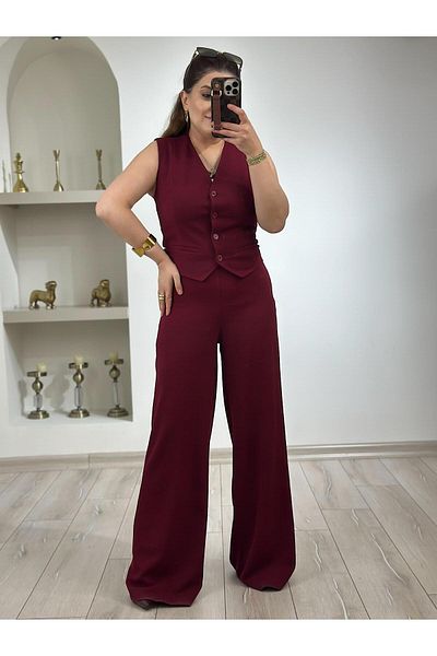 MELTEM TUĞAN Premium Wide Leg Fabric Trousers Claret Red