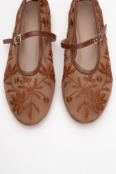 LuviShoes JUNY Pantofi de balerină de damă cu broderie florală din plasă maro
