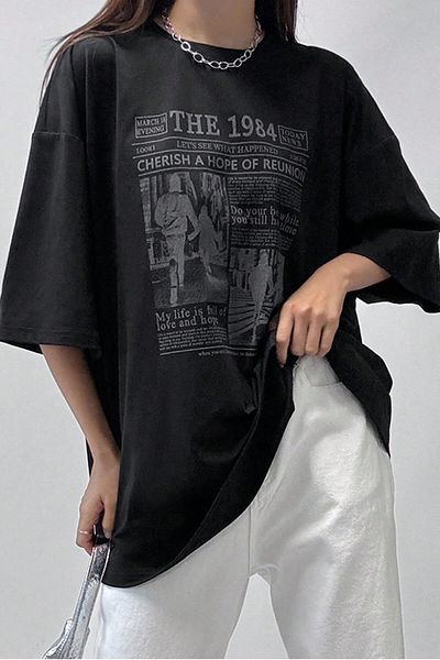 MODAGEN Unisex Black Crew Neck 1984 Newspaper Printed Oversize T-Shirt