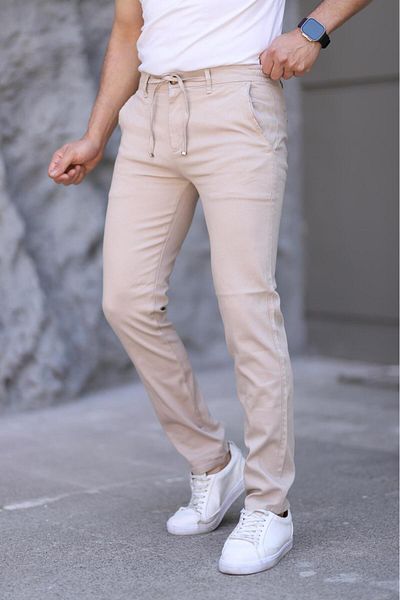 XORVİO Men's Slim Fit Flexible Lycra Dobby Quality Linen Lace-Up Stylish Milk Coffee Trousers