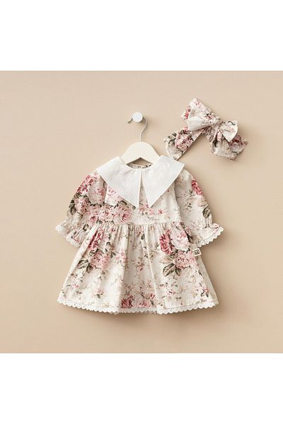 Minimus Newborn Baby Girl Daisy Cotton Dress Triangle Collar Guipure Woven Baby Dress Set with Hairband