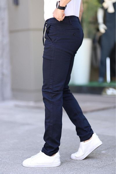 XORVİO Men's Slim Fit Flexible Lycra Dobby Quality Linen Lace-Up Stylish Navy Blue Trousers