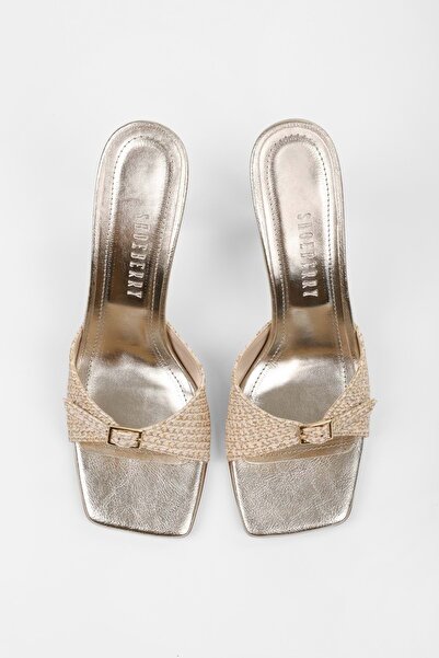 Shoeberry Women's Vionne Gold Straw Belt Heeled Slippers
