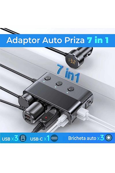 AUTOREY 7 in 1 Car Socket Adapter with LED Display 3 x USB Q.C 3.0 and USB-C port 127W