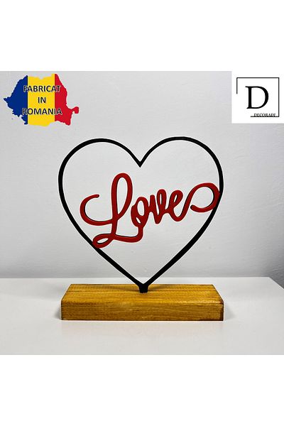 OEM "Love" decoration with natural wooden base, 15 cm, red/black, 3D printed