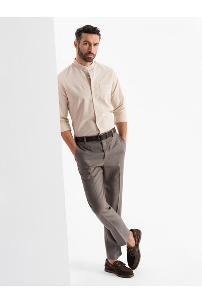 OMBRE Herren Leinenhemd mit Kragen und Tasche REGULAR FIT - creme V3 OM-SHCS-0161 XXL