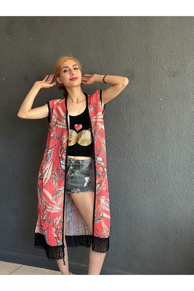 Gönülden Tasarım Flower Patterned Long Tassel Women's Vest Beach Vest 105 cm