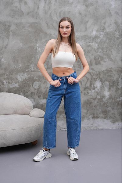 Tarz Cool Mom Jean High Waist Loose Cut Leg Pleated Stretchy Denim Trousers Blue