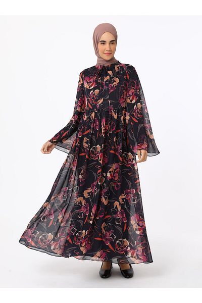 Refka Φόρεμα Hijab Chiffon με σχέδια λουλουδιών - Μαύρο - Ροζ μοτίβο - Refka