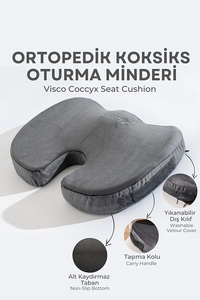VİSCOTEX Visco Orthopedic, Non-Slip Base, Office, Car, Coccyx Sitting Cushion, 45X34X7Cm