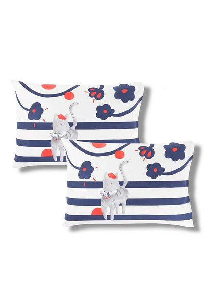 Taç Carre Blanc Bumbac organic cu model pisică poate fi folosit pe două fețe 2' Față de pernă 50x70cm