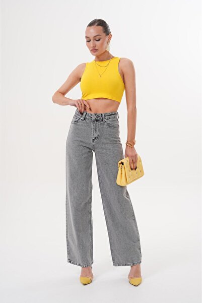 Tarz Cool Women's Palazzo Loose Leg Super High Waist Jean Trousers Smoked