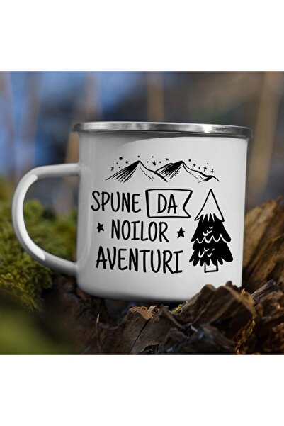 OEM Cana metalica emailata, personalizata cu mesajul 'Noi aventuri', alba, 360 ml