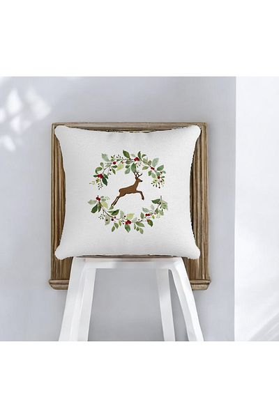 ASDİVA White Deer Pattern New Year Digital Printing Decorative Throw Pillow Case 43X43