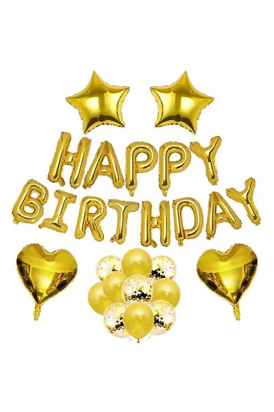 Teno Set of 27 Teno® Balloons, Letters, confetti, stars, hearts, HAPPY BIRTHDAY model, gold