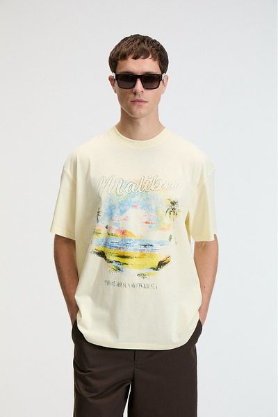 GRIMELANGE Delight men's 100% cotton oversize fit printed short sleeve round neck yellow t-shirt