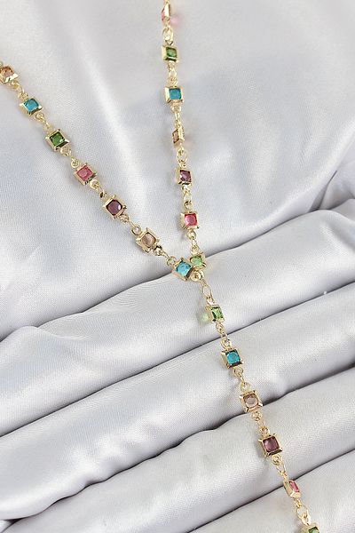 STİLLOVE Brass Assorti Square Model Gold Color Zircon Stone Y Necklace Sl12151