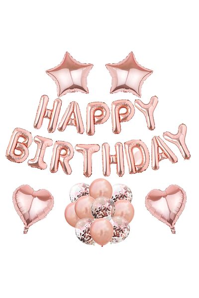 Teno Set of 27 Teno® Balloons, Letters, confetti, stars, hearts, HAPPY BIRTHDAY model, rose gold