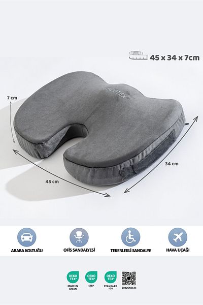 VİSCOTEX Visco Orthopedic, Non-Slip Base, Office, Car, Coccyx Sitting Cushion, 45X34X7Cm