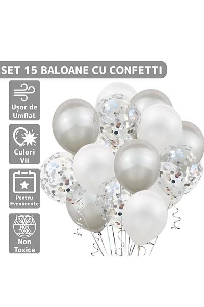 Teno Set of 15 Teno® Balloons, Confetti, 3 colors, latex, silver/white/transparent