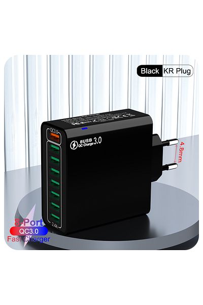 Choice KR Plug Black 8 Ports USB Charger 150W USB Fast Charging Mobile Cell Phone High Speed Quick Charge W