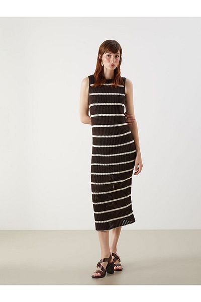LC Waikiki Brown Crew Neck Striped Knitwear Dress