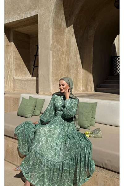 Armalia Flora Desenli Şifon Elbise – Yeşil