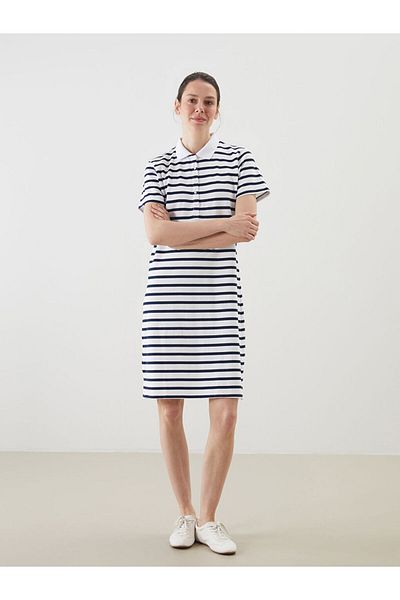 LC Waikiki Navy Blue Polo Neck Striped A-Line Dress