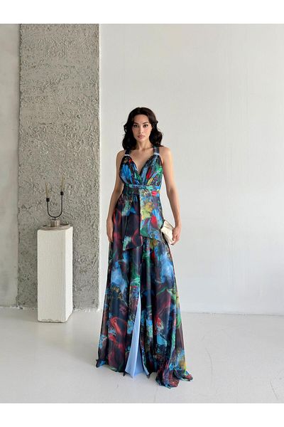 Serica Moda Blue Patterned Tie-Up Slit Detailed Maxi Chiffon Evening Dress
