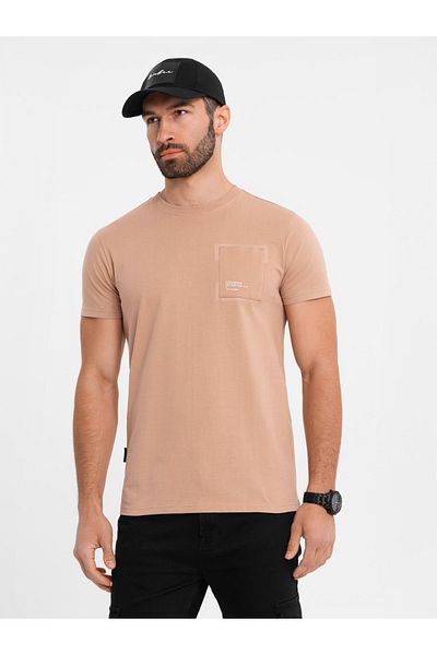 OMBRE Herren Baumwoll-T-Shirt mit Taschendruck - hellbraun V7 OM-TSPT-0154 XXL
