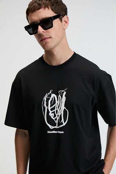 GRIMELANGE Pop Men's 100% Cotton Oversize Fit Printed Short Sleeve Round Neck Black T-Shirt