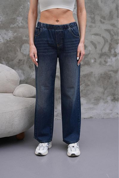Tarz Cool Women's Loose Leg High Elastic Waist Jean Trousers Navy Blue