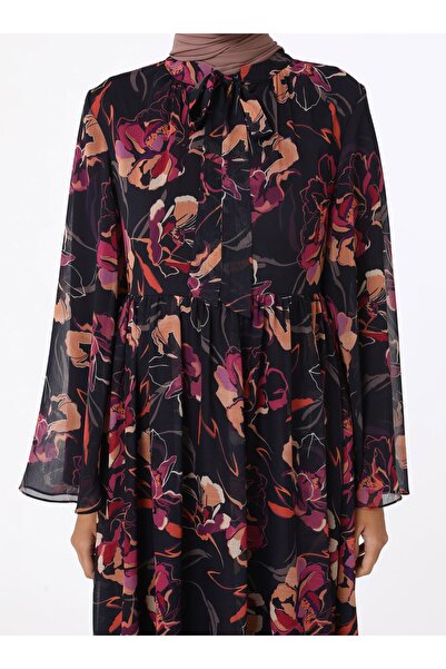 Refka Floral Patterned Chiffon Hijab Dress - Black - Pink Patterned - Refka