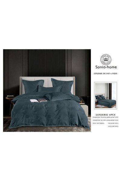 Sonia-home 6 Piece Satin Cotton Linen Set – Sonia Home Damask Petrol Grey