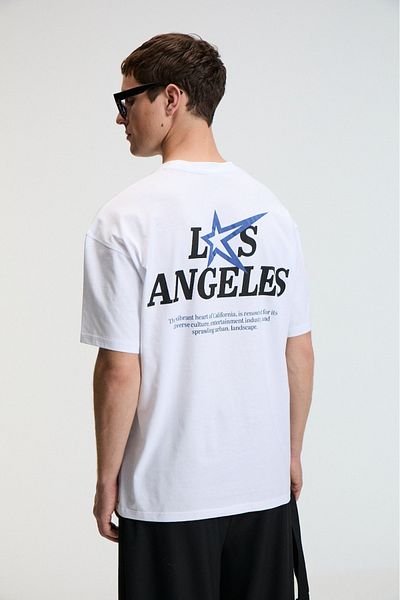 GRIMELANGE Nibble Men's Oversize 100% Cotton Printed Round Neck White T-Shirt