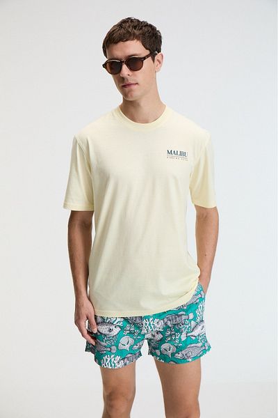 GRIMELANGE Savor Men's Oversize 100% Cotton Printed Round Neck Yellow T-Shirt