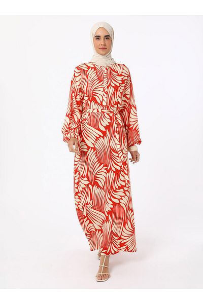 Refka Half Patch Printed Viscose Hijab Dress - Red - Refka
