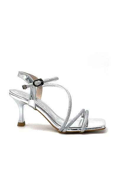 KİNDEP Kindep (Park Moda) Sandale de damă cu toc cu detaliu cu șireturi SILVER
