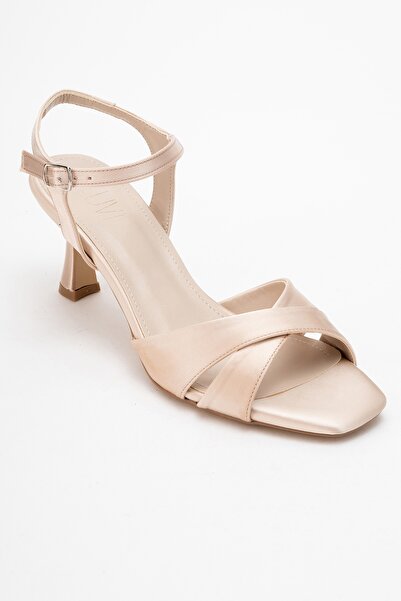 LuviShoes Melin Beige Satin Cross Strap Women's Heeled Shoes