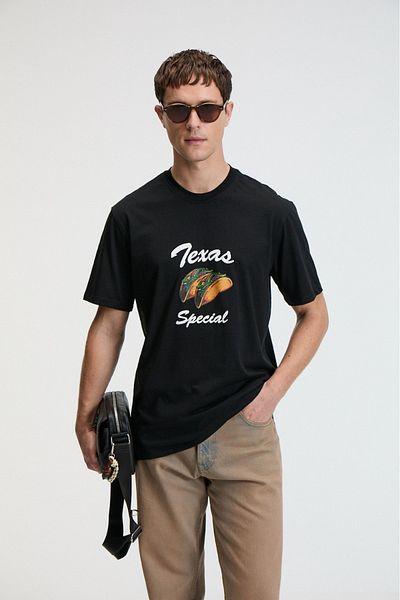 GRIMELANGE Crisp Men's Oversize 100% Cotton Printed Round Neck Black T-Shirt