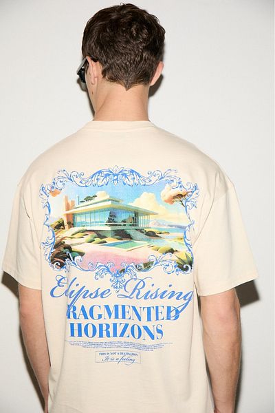 GRIMELANGE Veyron Men's 100% Cotton Oversize Fit Printed Short Sleeve Round Neck Vanilla T-Shirt