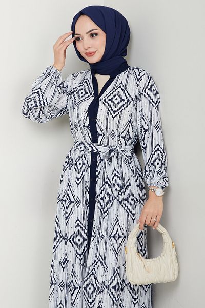 InStyle Ebruli Geometric Pattern Navy Blue Viscose Dress