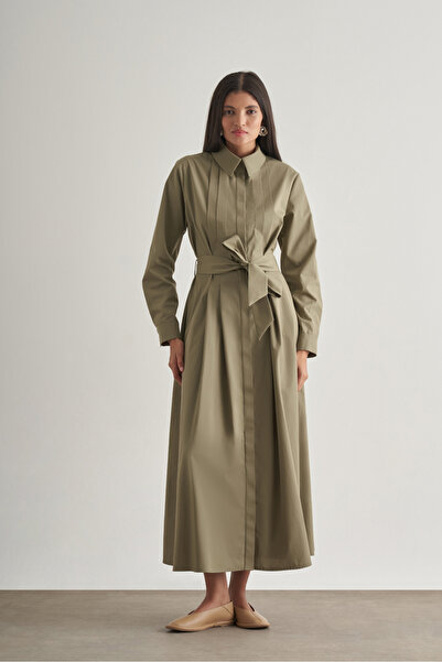 Mizalle Premium Saf Pamuk Haki Piliseli Uzun Elbise