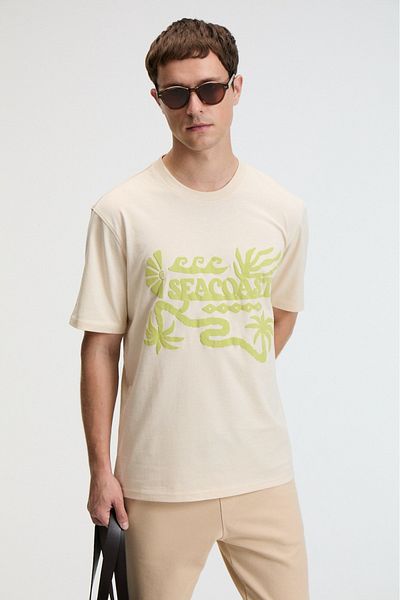 GRIMELANGE Sweet men's 100% cotton oversize fit printed short sleeve round neck vanilla t-shirt