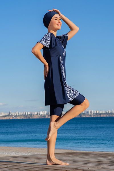 REMSA Lycra Short Sleeve Semi-Covered Swimsuit 25222-2 Navy Blue