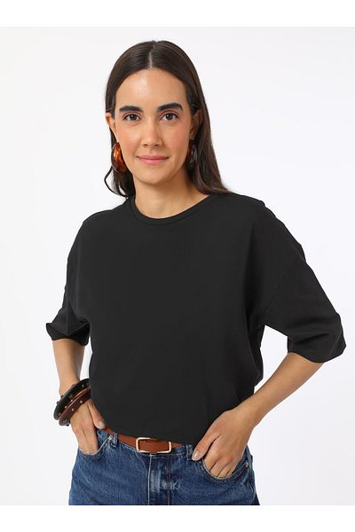 Refka Γυναικείο μπλουζάκι Crew Neck Off Shoulder Basic - Μαύρο - Refka