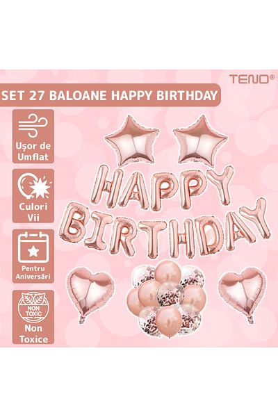Teno Set of 27 Teno® Balloons, Letters, confetti, stars, hearts, HAPPY BIRTHDAY model, rose gold