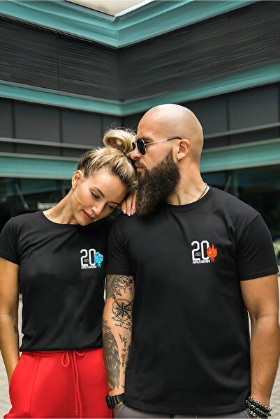 VİZYON İKRA Kişiye Özel Ateş ve Su Tarih Baskılı Sevgili Kombini Sevgiliye Hediye Unisex T-shirt/Tişört