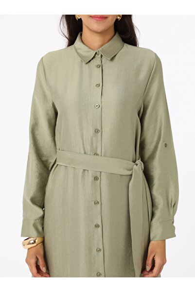 Refka Boydan Düğme Detaylı Doğal Kumaşlı Tesettür Elbise - Kuf Yesili - Refka